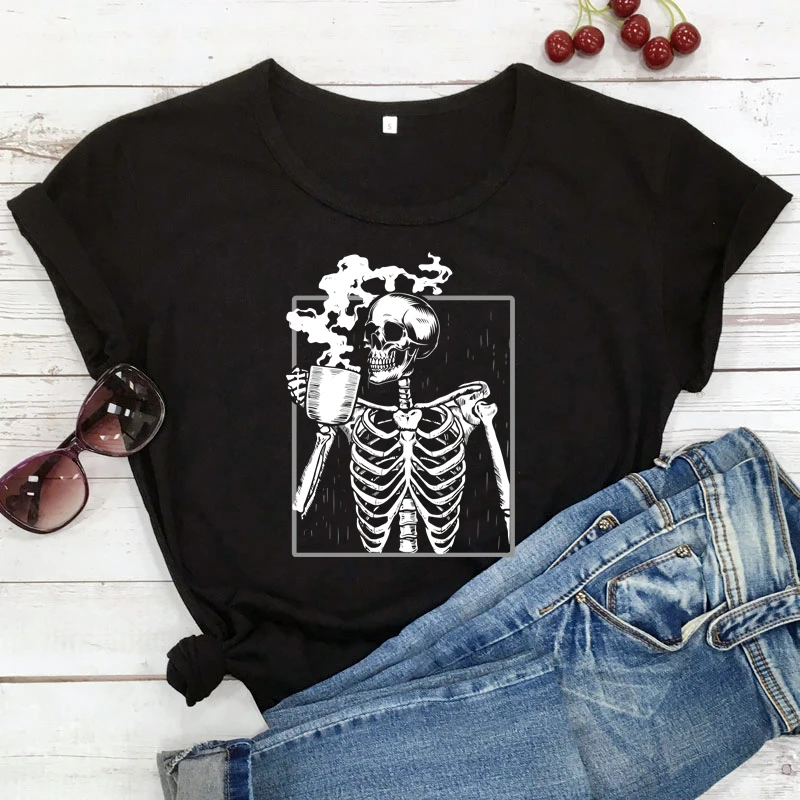 

colored skeleton drinking coffee tshirt funny women short sleeve graphic Gothic tee shirt top