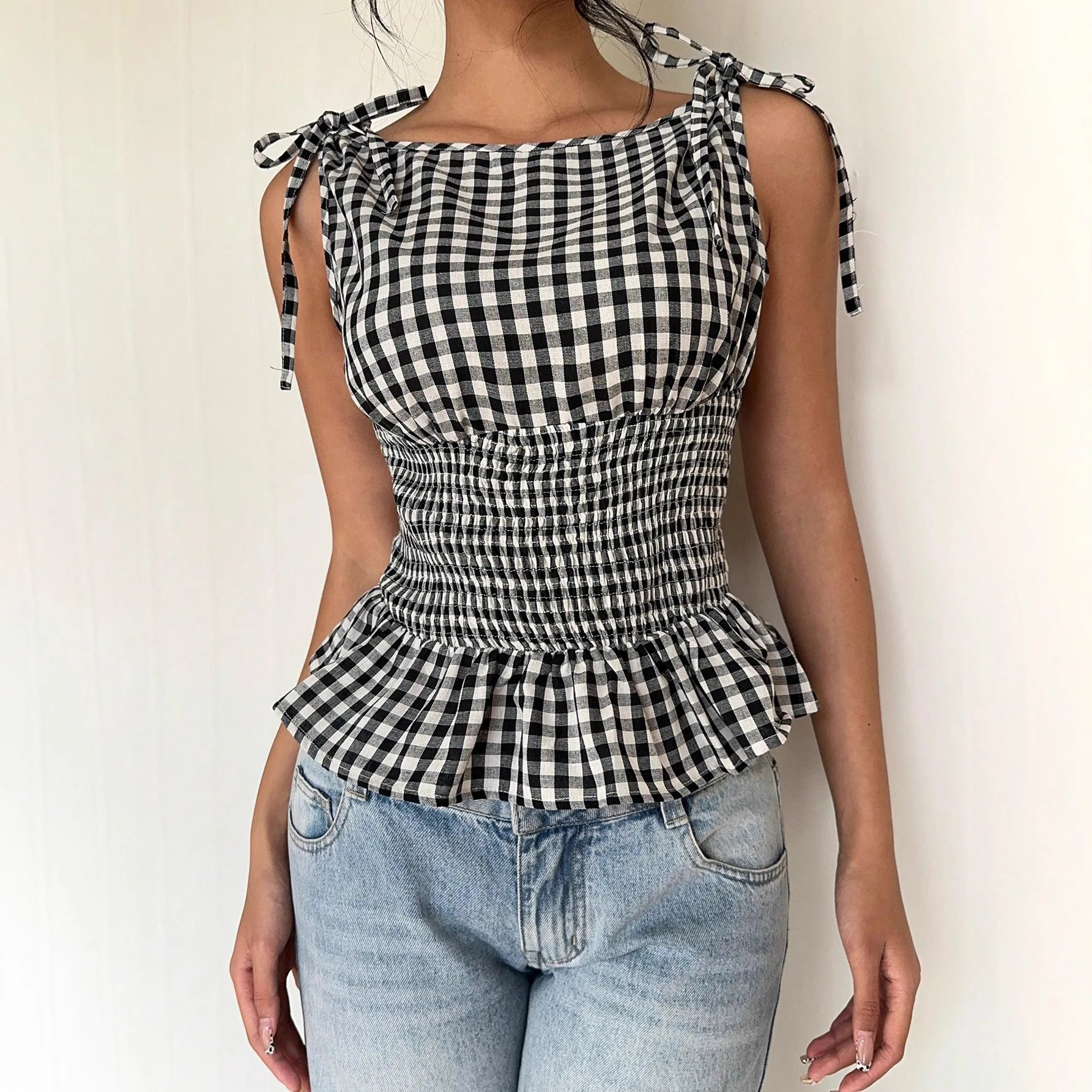 

Women's Plaid Vintage Romantic Dating Afternoon Tea Bow Neck Slim Fit Ruffle Vest