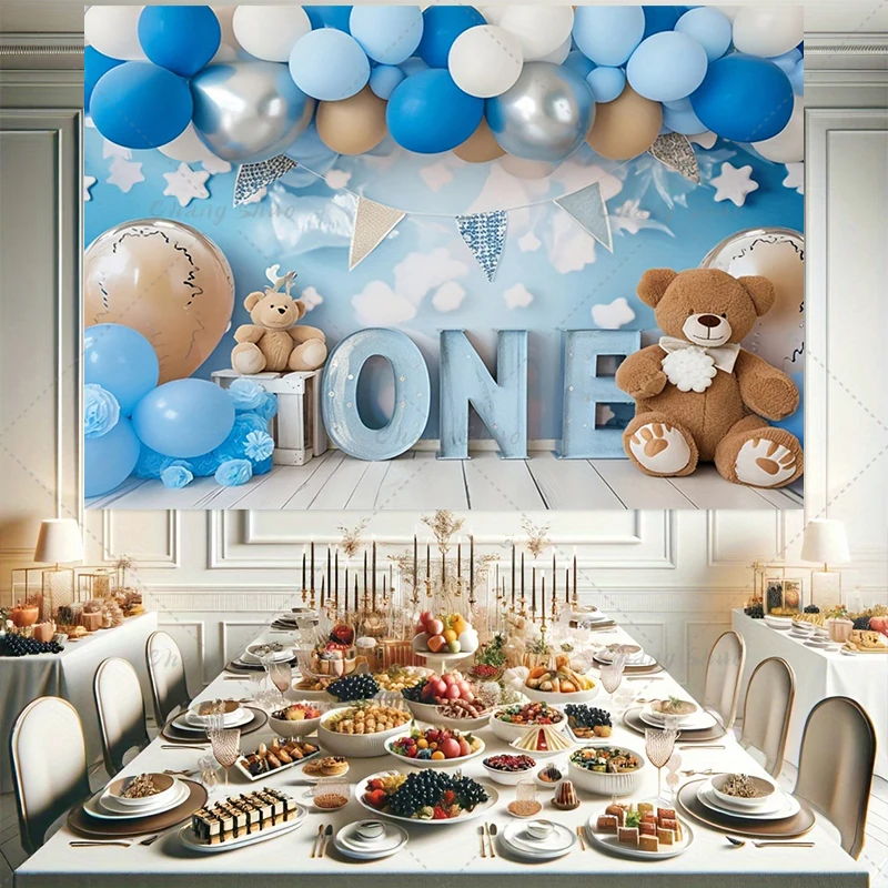 Blue Balloon Happy Birthday Bear Background Cloth Suitable For Birthday Party Baby Shower Holiday Decoration Photo Props