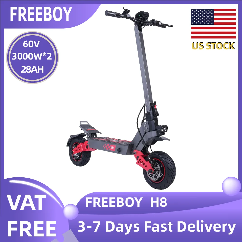 

Электросамокат FREEBOY H8 с двумя моторами по 3000 Вт, для взрослых, 60В 28Ач, складной, с широкими шинами 11 дюймов, электрический горный самокат