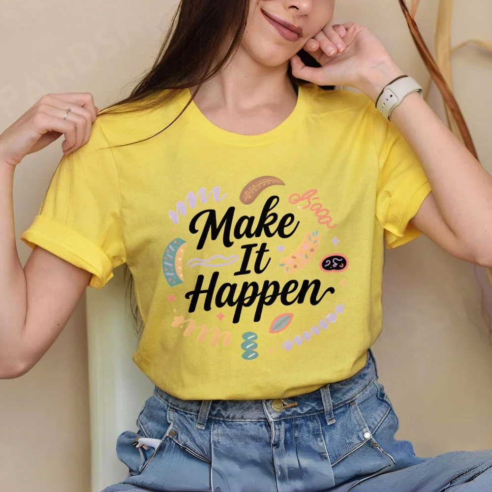 

Make It Happen Letters Printing Y2K Women‘s Clothes Cotton Casual T-Shirt Crew Neck Graphic Tees Street Wear Colorful