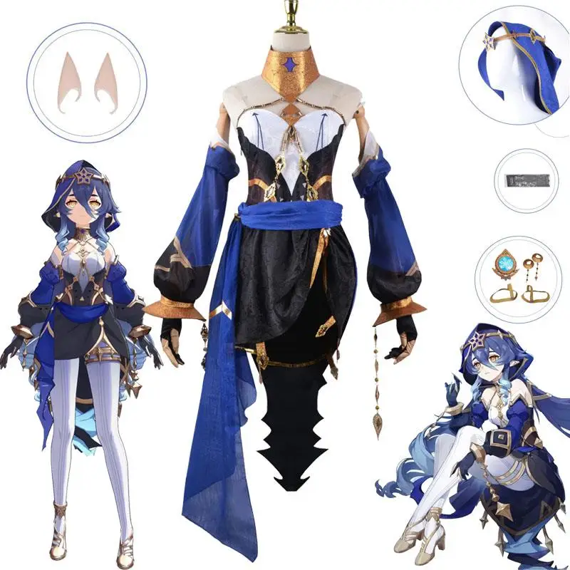 Layla คอสเพลย์เสื้อผ้าเกม Genshin Impact คอสเพลย์ Layla วิกผมชุดเครื่องแต่งกายชุดเต็มชุดถุงมือหมวกสําหรับสตรี