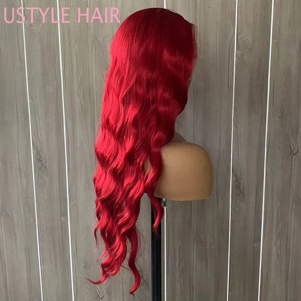 UStyleHair Red Long Natural Wave Wig Natural Hairline Daily Use Cosplay Wig Synthetic Lace Hair Hot Red Wig Daily Use Cosplay