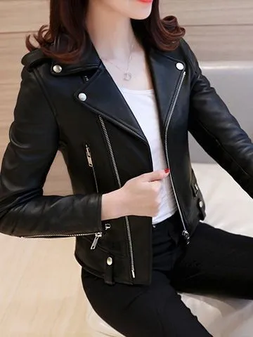 

Весенне-осенняя женская куртка из искусственной кожи, приталенная, в стиле мото-байкер, укороченная, повседневная, для города, с молнией