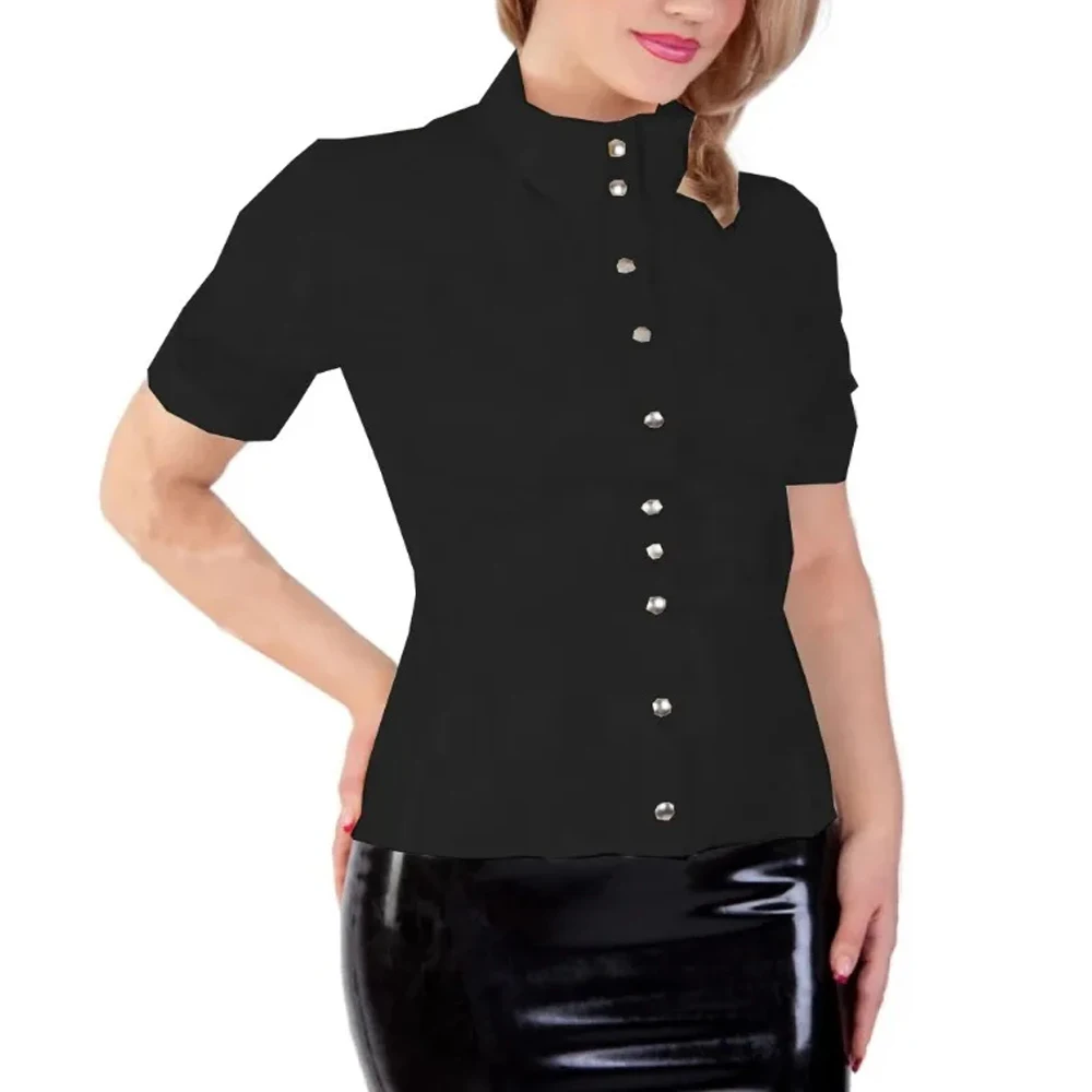 Plus size blusas femininas wetlook manga curta elegante senhora camisas de couro pvc brilhante único breasted clube camisas roupas femininas