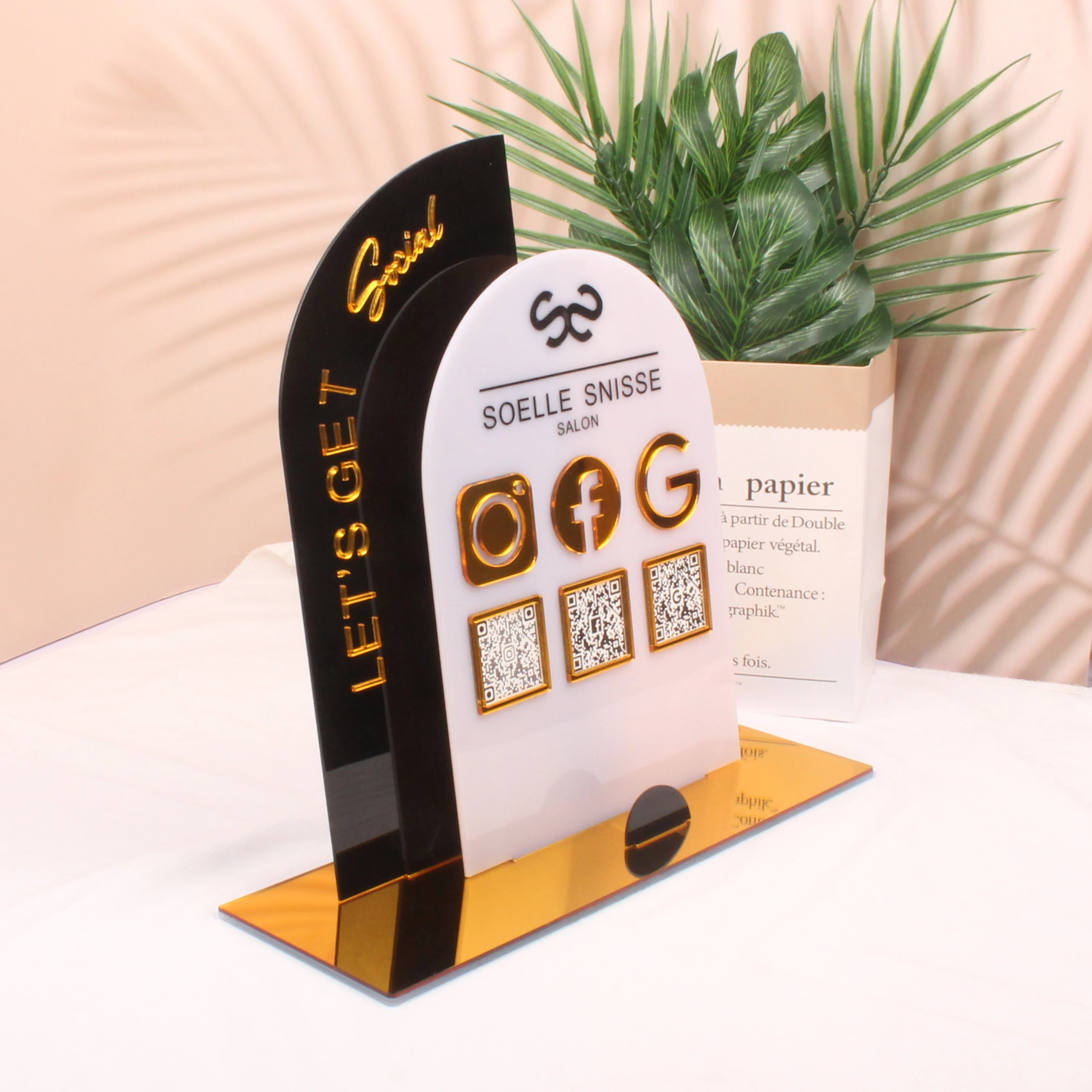 Business Social Media Signs Scan QR Code Personalized Follow Standing Acrylic Gold Icon Plate Business Card Holder