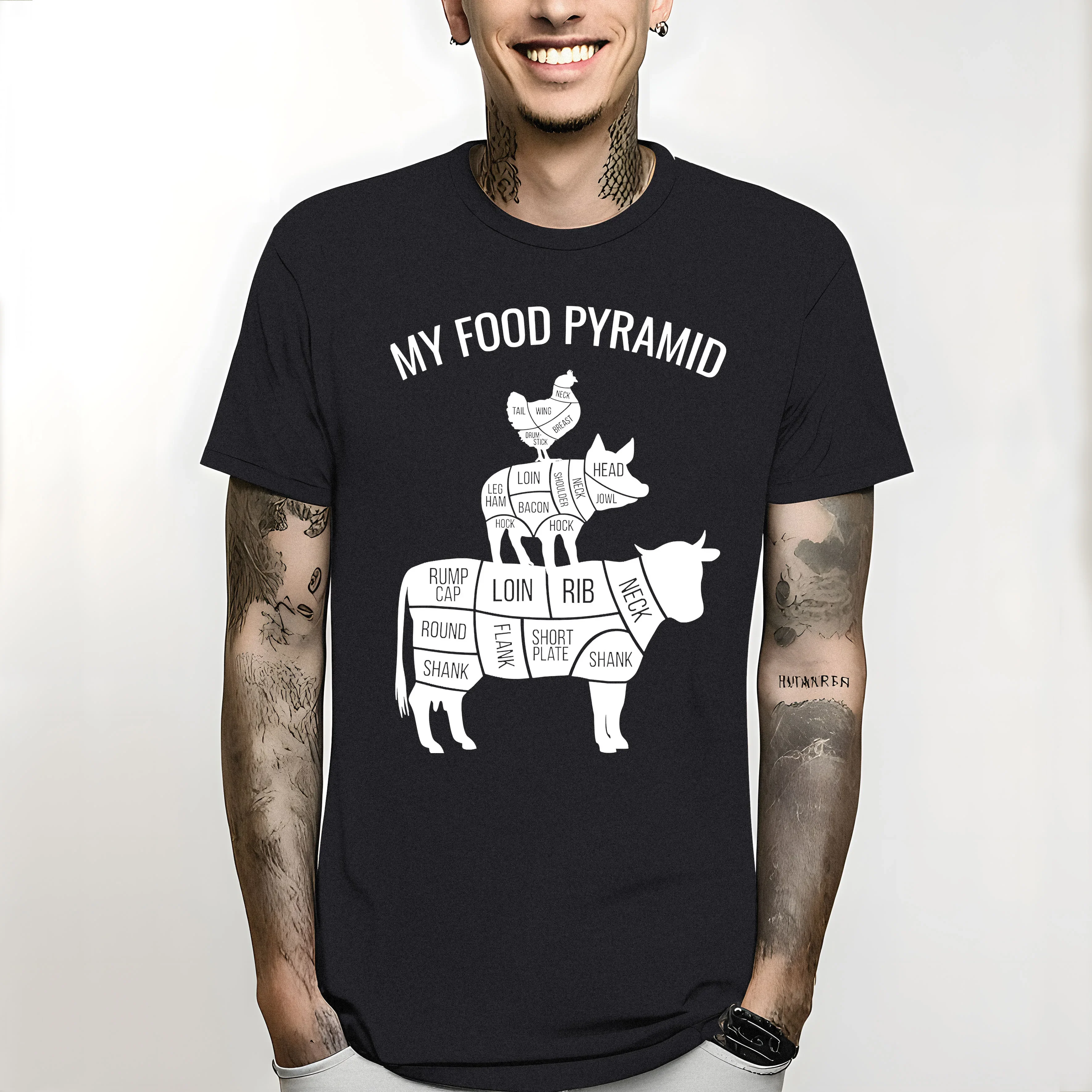 T Shirt Classic Summer Cotton Men T Shirt Camisa My Food Pyramid Funny Carnivore Cow Pig Chicken Graphic harajuku fashion