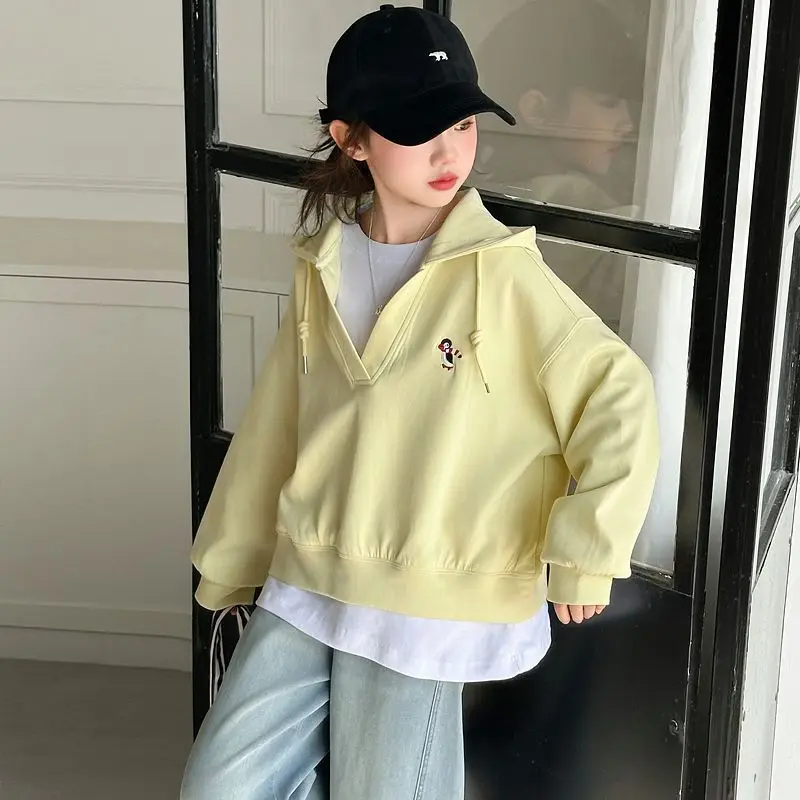 

Girls Middle-Big Kids Autumn-Spring 2025 New Casual Versatile Loose Fit Fake Two-Piece Hoodie