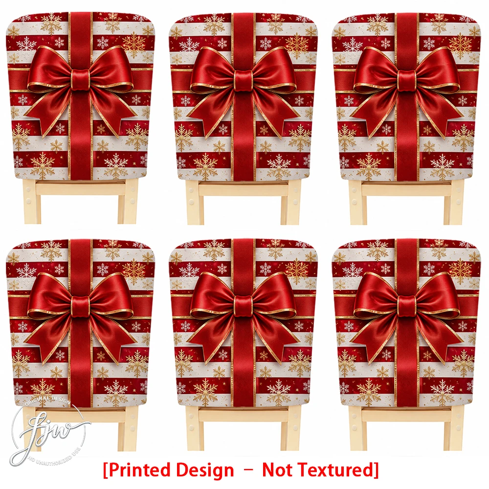 6/4/2pc Christmas Snowflake Striped Chair Back Covers with Big Red Bow, Holiday Dining Chair Slipcovers for Xmas Party Decor