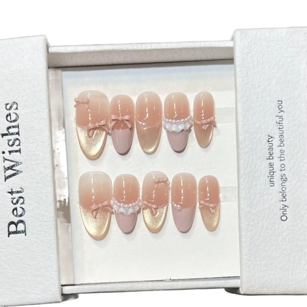 

10 pcs New Bow Decor Fake Nails Wearable Reusable Gel Nail Stickers Gradient Handmade manicure