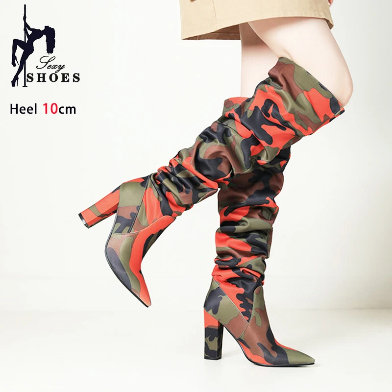 

Ladies Knight Boots Autumn Winter Over-the-knee Shoes For Women 10CM Thick High Heels Fashion Pointed Camouflage Pleated Boots