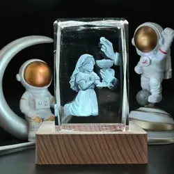 1pc,3D laser carved Crystal Communion girl square nightlight, with colored light wood lamp holder, home decoration decoration, s