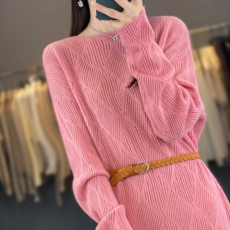 Korean Straight Knit Dress Female 100% Merino Wool Loose Plaid Long Skirt Spring Autumn Winter Fashion Temperament Dress