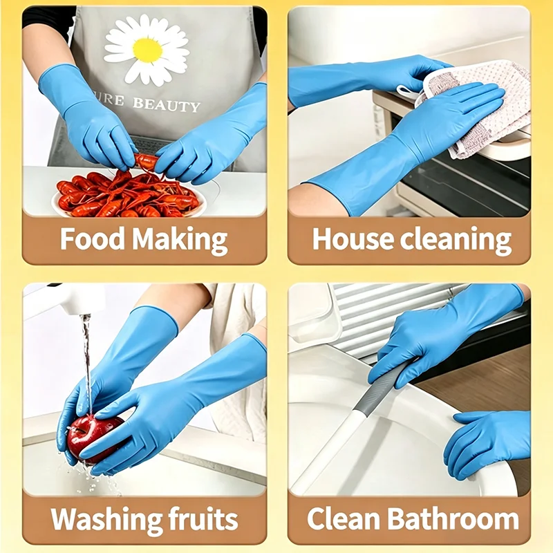 Blue disposable extra-long, extra-thick nitrile gloves, waterproof and oil-resistant, perfect for washing dishes and home cleani