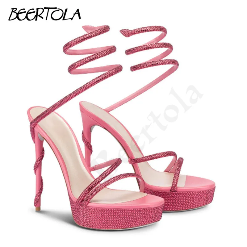 

Women's Rhinestone Wrapped Sandals Round Head Platform Stiletto Sandals Snake-Shaped Wrapped Large Size Temperament Shoes