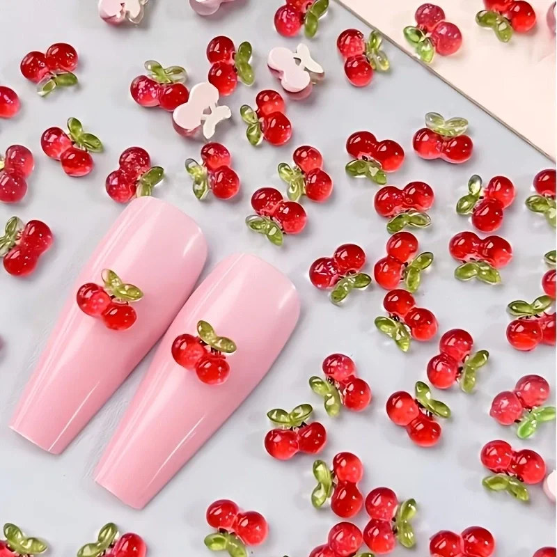 30pcs Mini Red Cherry Resin Nail Charms 3D Cute Fruit Embellishments for Spring/Summer DIY Manicure