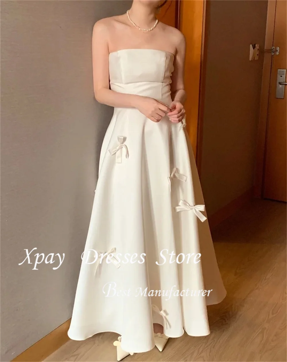 XPAY シンプルなストラップレス A ライン韓国イブニングドレス結婚式の写真撮影パーティードレスボレロちょう結びナイトイベントカスタマイズ