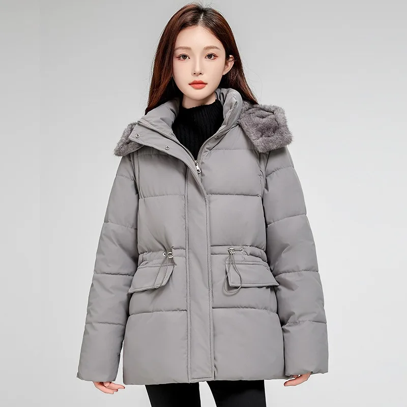 New Women's Down Cotton Jacket Winter Warm Removable Plush Cap Padded Jacket Female Korean Removable Sleeve Parker Outerwear