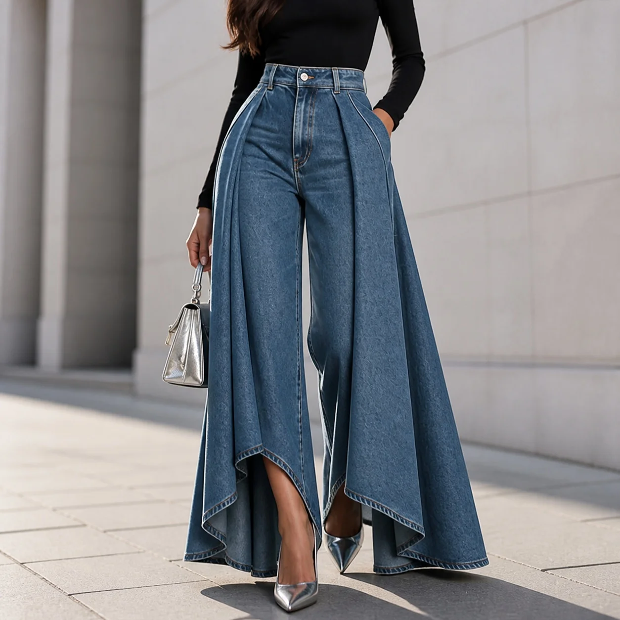 High Waist Loose Fit Wide Leg Long Solid Color Washed Cotton Casual Jeans with Asymmetrical Hem and Front Pleats