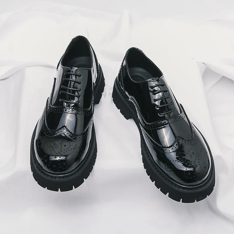 Black Thick Soled Lace Up Oxford Shoes Round Head Platform Leather Shoes Brand Luxury Men Casual Designer Wedding Dress Shoes