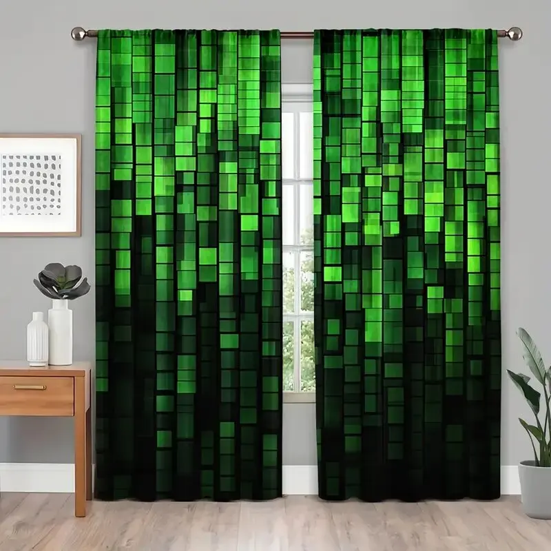 2pcs -Green 3D three-dimensional grid print curtains, pole bag curtains, home decoration, room decoration