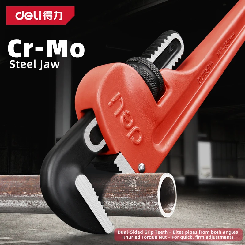 

DELI 14inch Heavy Duty Straight Pipe Wrench Adjustable Aluminum Plumber Wrench with Floating Hook Jaw I Beam Handle Red