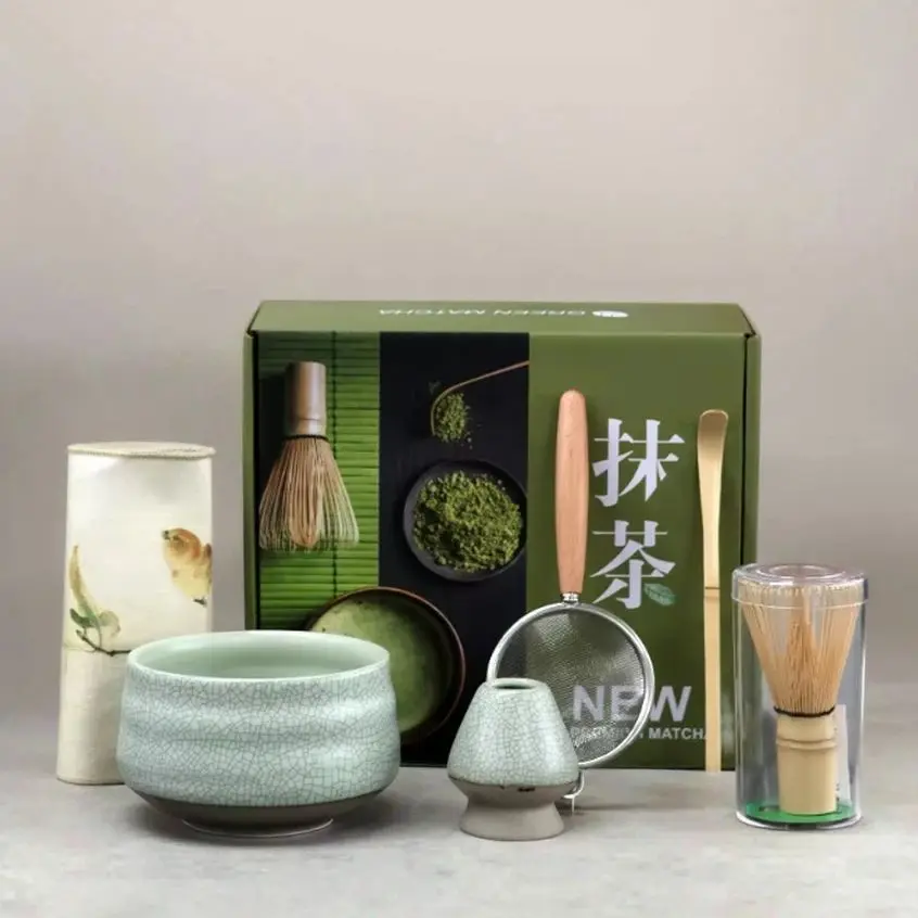 

BespritGift 6pc Matcha Set Ru Kiln Crackle Glaze Japanese Gift Box Song Dynasty Tea Tools Bamboo Whisk Scoop Kit
