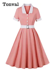 Tonval 2024 Vintage Style Pink Dress with White Collar 95% Cotton Button Up Retro Party 40s 50s Ladies Elegant Pleated Dresses