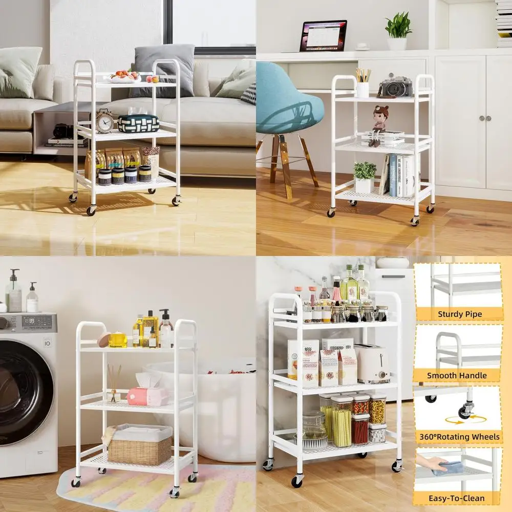 

Прочная 3-ярусная металлическая тележка на колесиках, выдерживает по 22 фунта на каждое отделение, с 2 блокируемыми колесами, подходит для дома, спальни, кухни, ванной комнаты (белая)