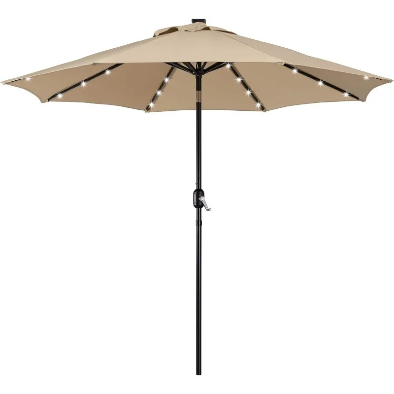 

9FT Solar Powered Patio Umbrella - UV Protection Market Table Umbrella w/ 32 LED Lights & Push Button Tilt & Crank Lift System