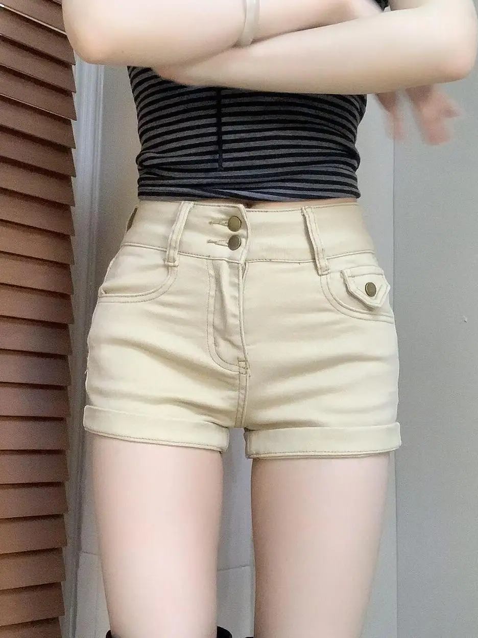 Khaki High Waist Denim Shorts Women's Summer New Slimming Sexy Girl Cuffed Elastic Versatile Tight Hot Pants Straight Leg Fit