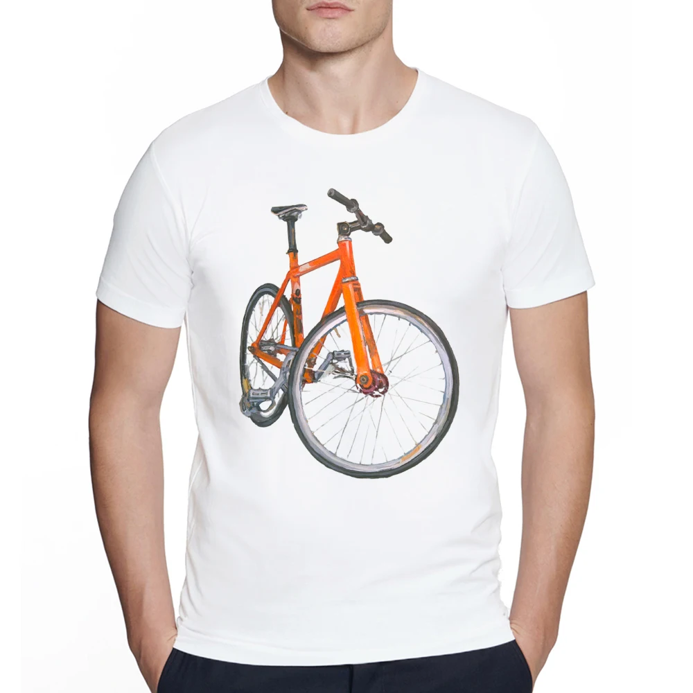 Men's Bicycle Cycling watercolor painting Vintage Fixed Gear Print art T-Shirt Hipster O-neck Design Tops Cool streetwear Tee