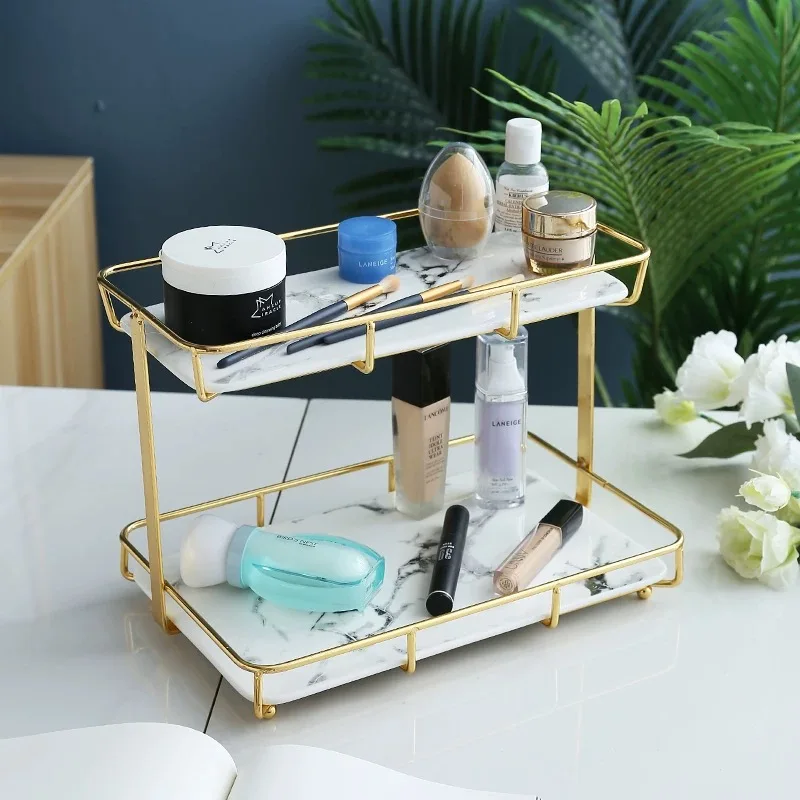 

Bathroom Ceramic Glass Metal Storage Rack with 2 Layers Square Shape Storage Shelves