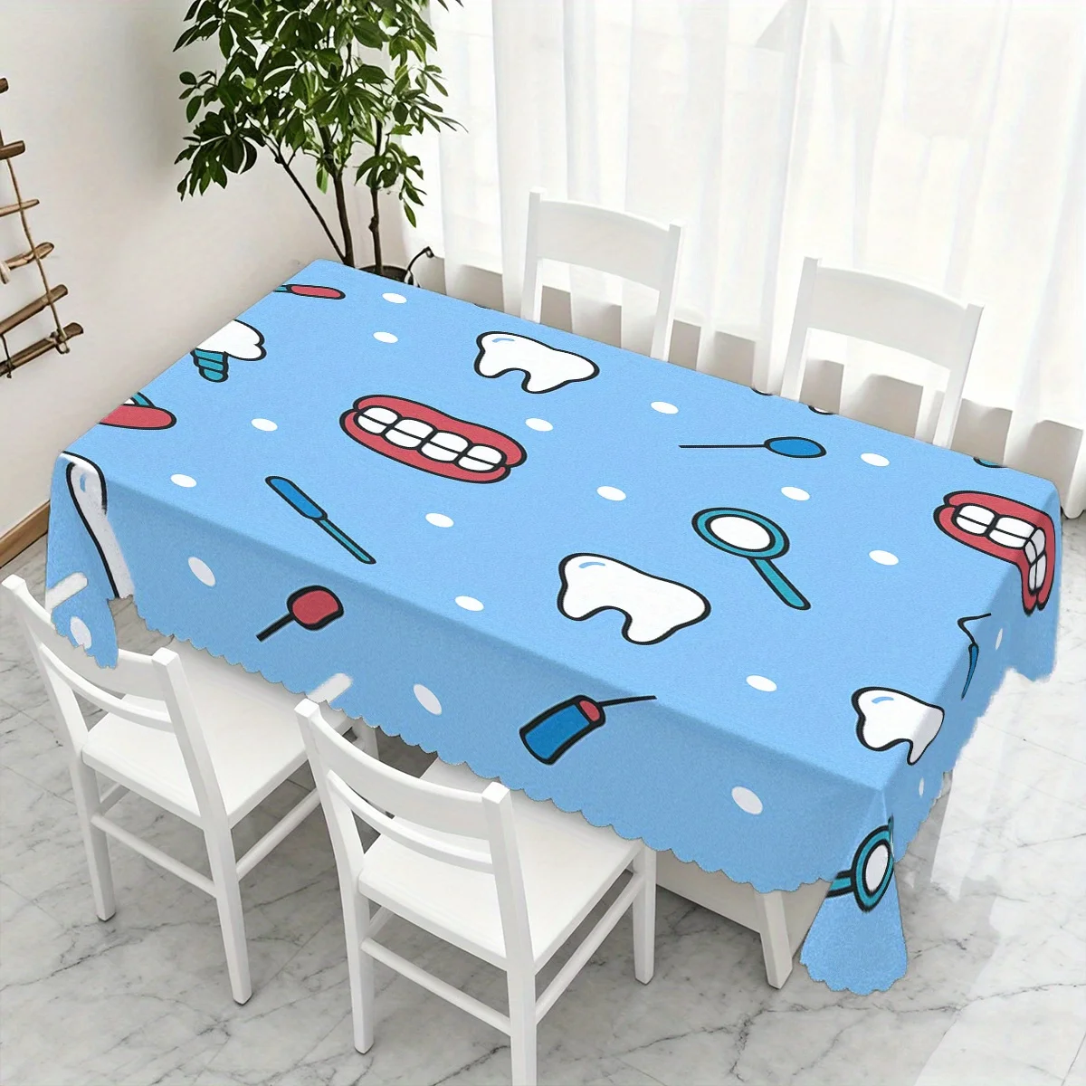 Cute Dental Teeth Cartoon Tablecloth, Soft Rectangular Washable Table Cover for Daily Dining & Warm Family Gathering Decor