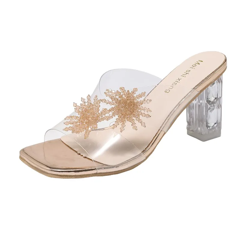 New Women High Heels Water Diamond Flower Sandals with Transparent Thick Bottom Women Shoes Party Dress PVC Slippers Mules Shoes - view 4