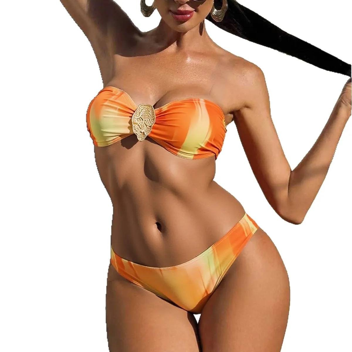 Women Tie Dye Bandeau Bikini Set Rhinestone Decor High Slit Wrap Long Skirt Cover Up Beachwear Holiday Party Vacation Poolside