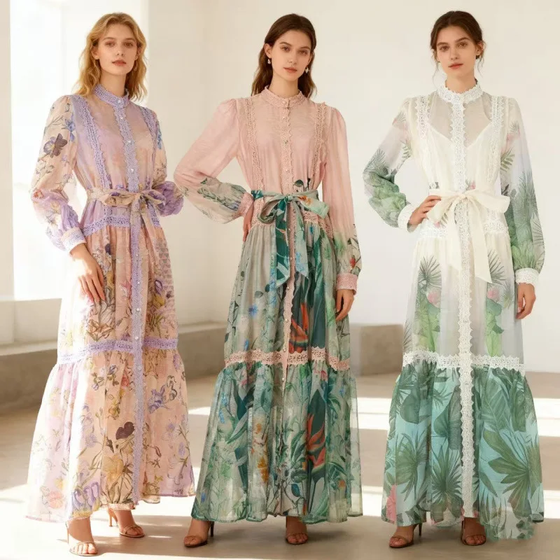 Ele Heavy Embellied Lace Trim Vintage Lantern Sve Stand Collar Printed Belted Long Dr Tee Colors Women's Faion