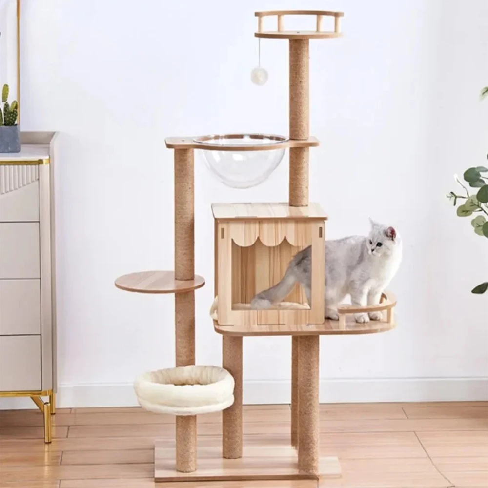 Solid Wood Cat Nest Tree Tower Apartment Scratching Post Cat Scratching Platform Large Climbing Tree Cat Toy Tower Pet Products