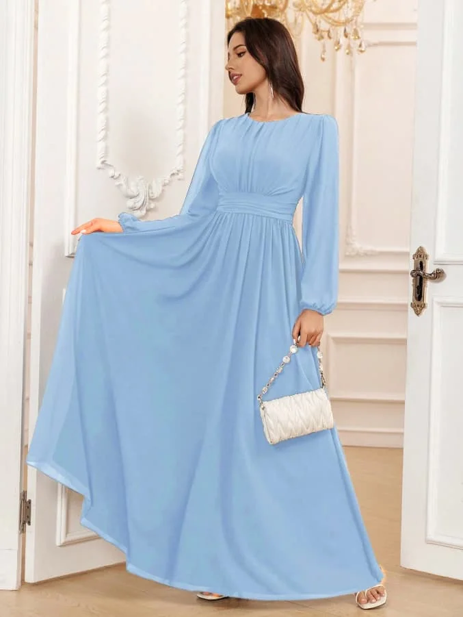 Langes Kleid mit Rundhalsausschnitt, geraffter Taille, Laternenärmeln, breitem Taillenbund und fließendem, elegantem, konservativem Schnitt – Detail 4