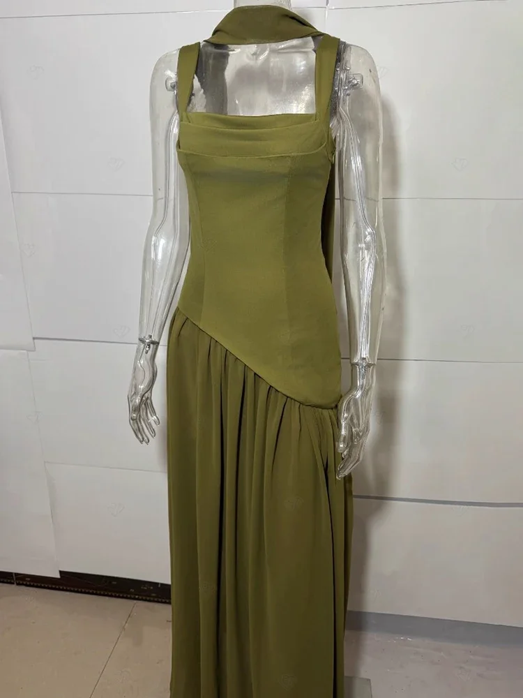 Square Collar Backless Sexy Maxi Dress Women Gown Elegant Sleeveless Thigh High Split Pleated Club Party Long Dress