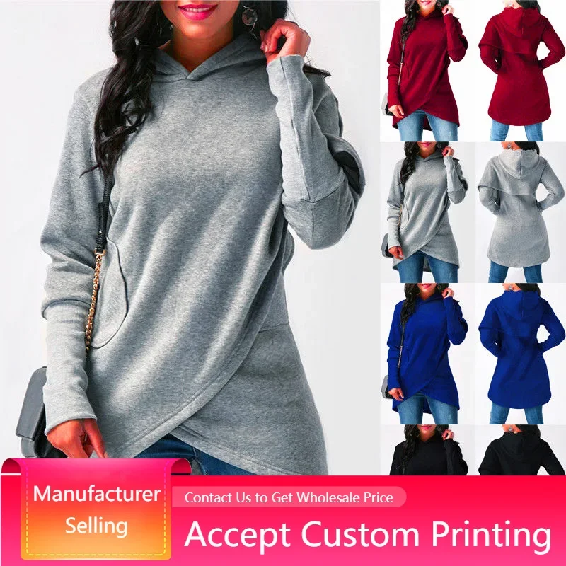

2022New Arrival Womens Loose Shirt Irregular Long Sleeve Hoodie Solid Tshirt Strapless Blouse with Hat