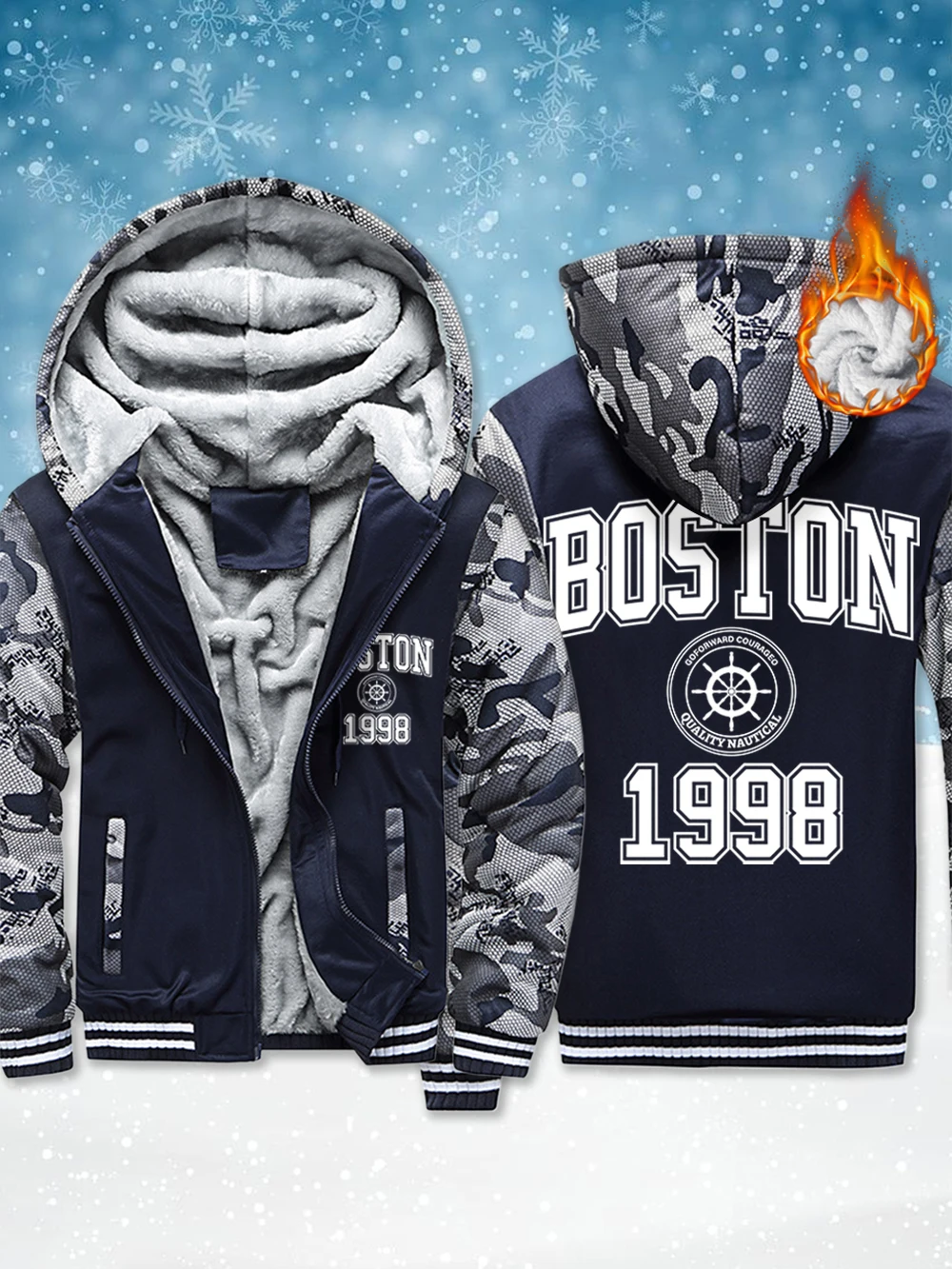 

Boston City 1998 Art Letter Prints Men'S Zipper Outerwear Winter Thermal Thicken Coats Fleece Warm Windproof Jackets Men Tops