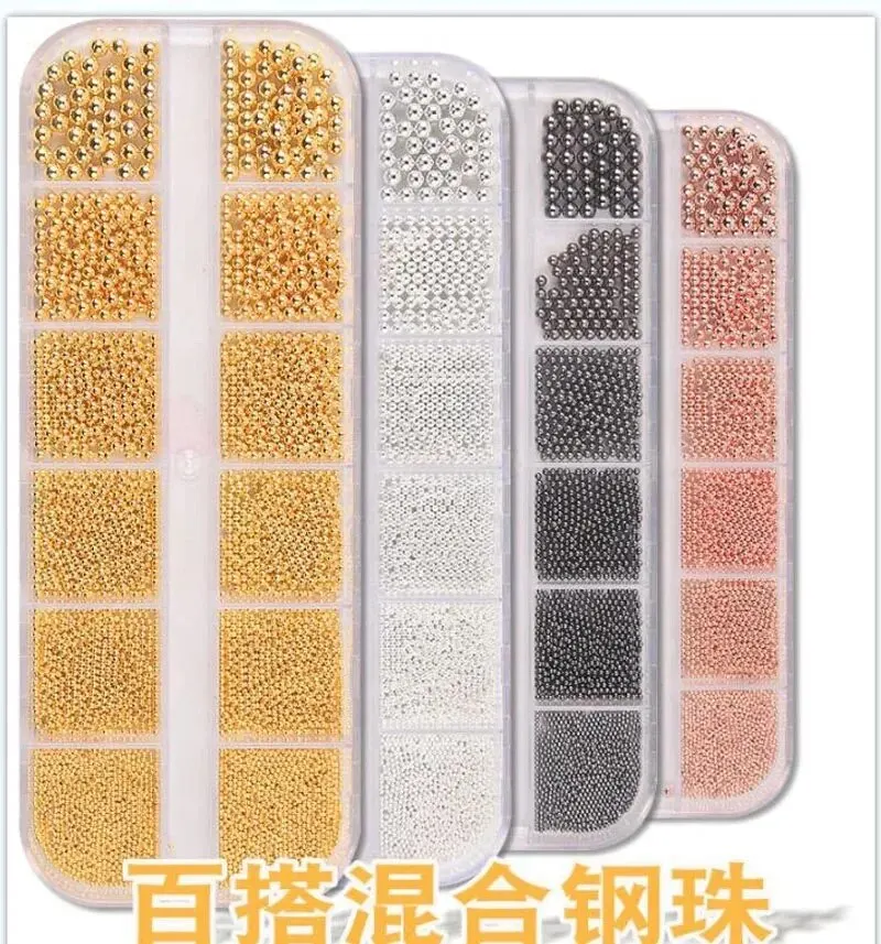 1 Doos 6 Maat 0.8-3.0 Mm Metalen Kralen Ronde Goud Zilver Rose Nail Art Decoraties Micro stalen Bal Studs Voor Diy Manicure Nagels