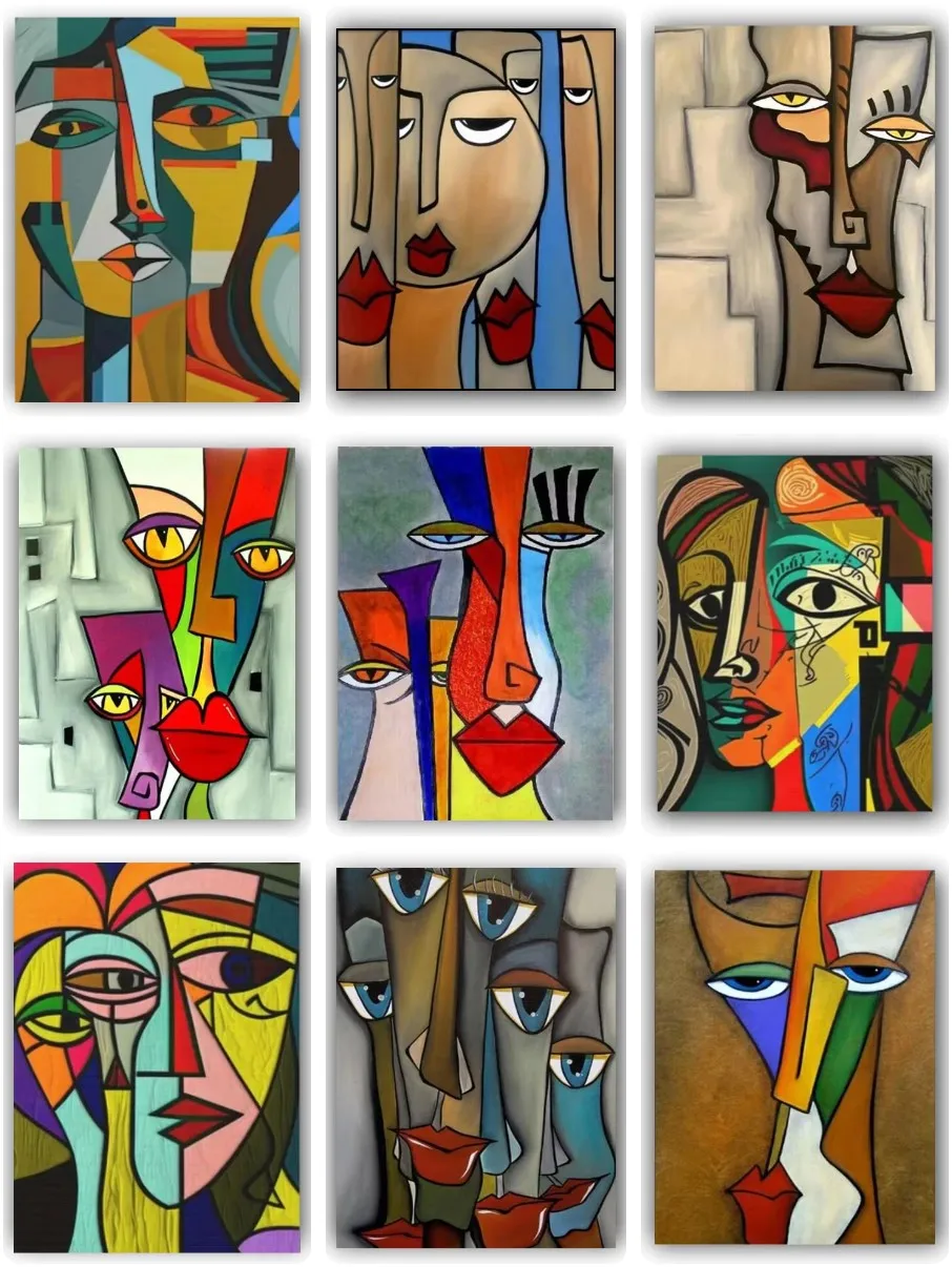Cubism Multi Faces Abstract Portrait Jigsaw Puzzle, Geometric Segmented Human Figure Contrast Color Modern Art Wall Decor