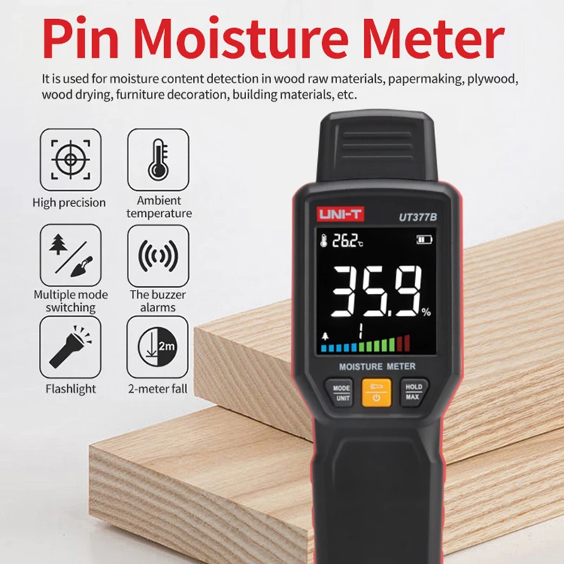 UNI-T UT377B Pin Moisture Meter Wood Humidity Tester Wood and Building Materials Measurement Timber Damp Detector LED Flashlight