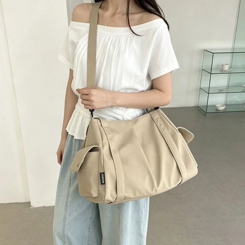 Solid Color Nylon Tote Bag Large Capacity Daily Commute Shoulder Bag Lightweight Simple Handbag For Women Shopping Crossbody Bag