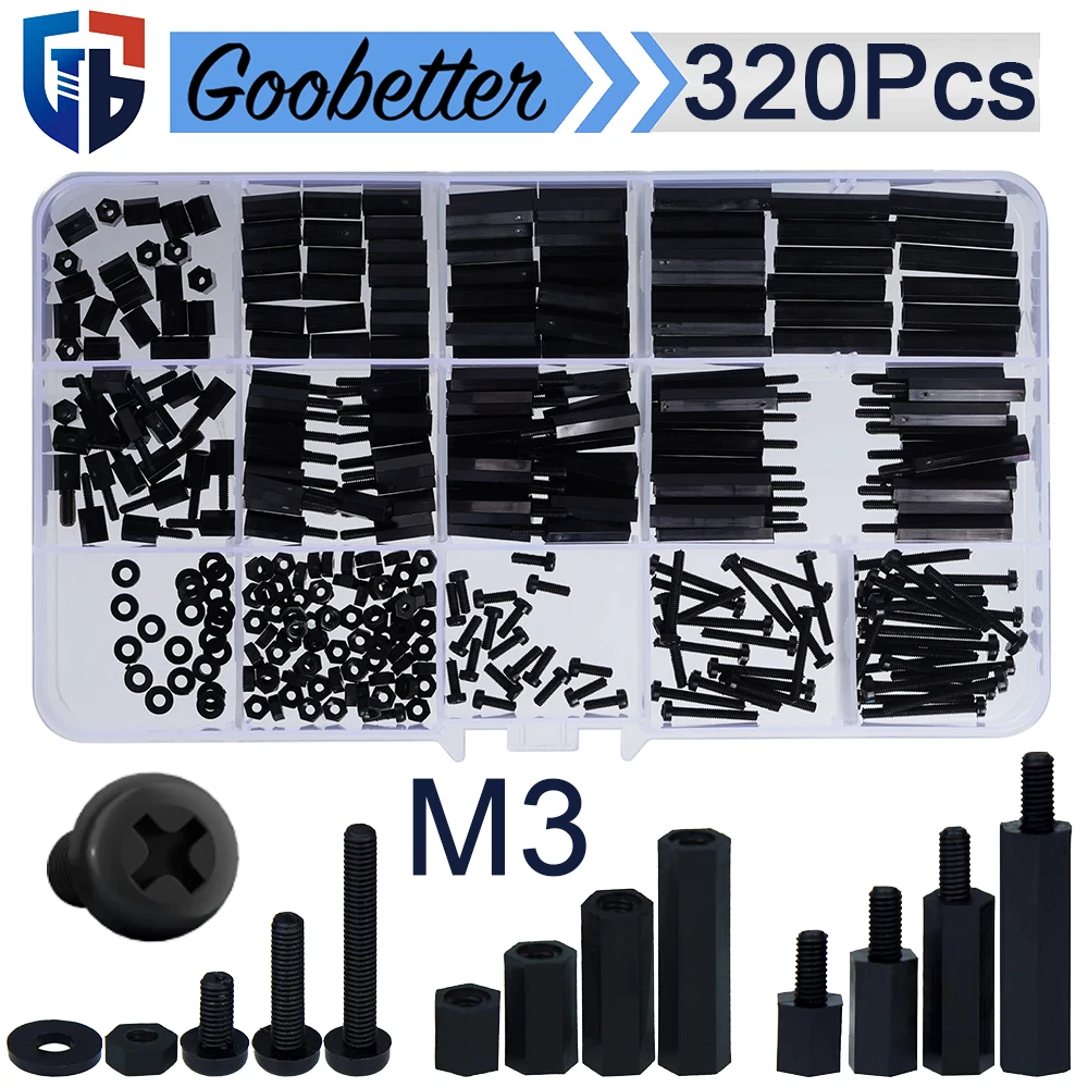 320Pcs M3 Male Female Nylon Hex Spacer Standoffs Screws Nuts Assortment Kit Threaded Pillar PCB Motherboard Washer Black Hexagon