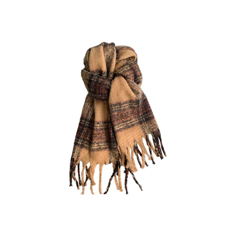 2024 New Plaid Scarf Women's Winter Retro Premium Warm Brown Neck Shawl Dual-purpose Thickened