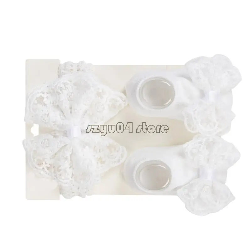 

4X7D Sweet Baby Bowknot Headband Hairband Strong Gripped Socks Set for Newborns