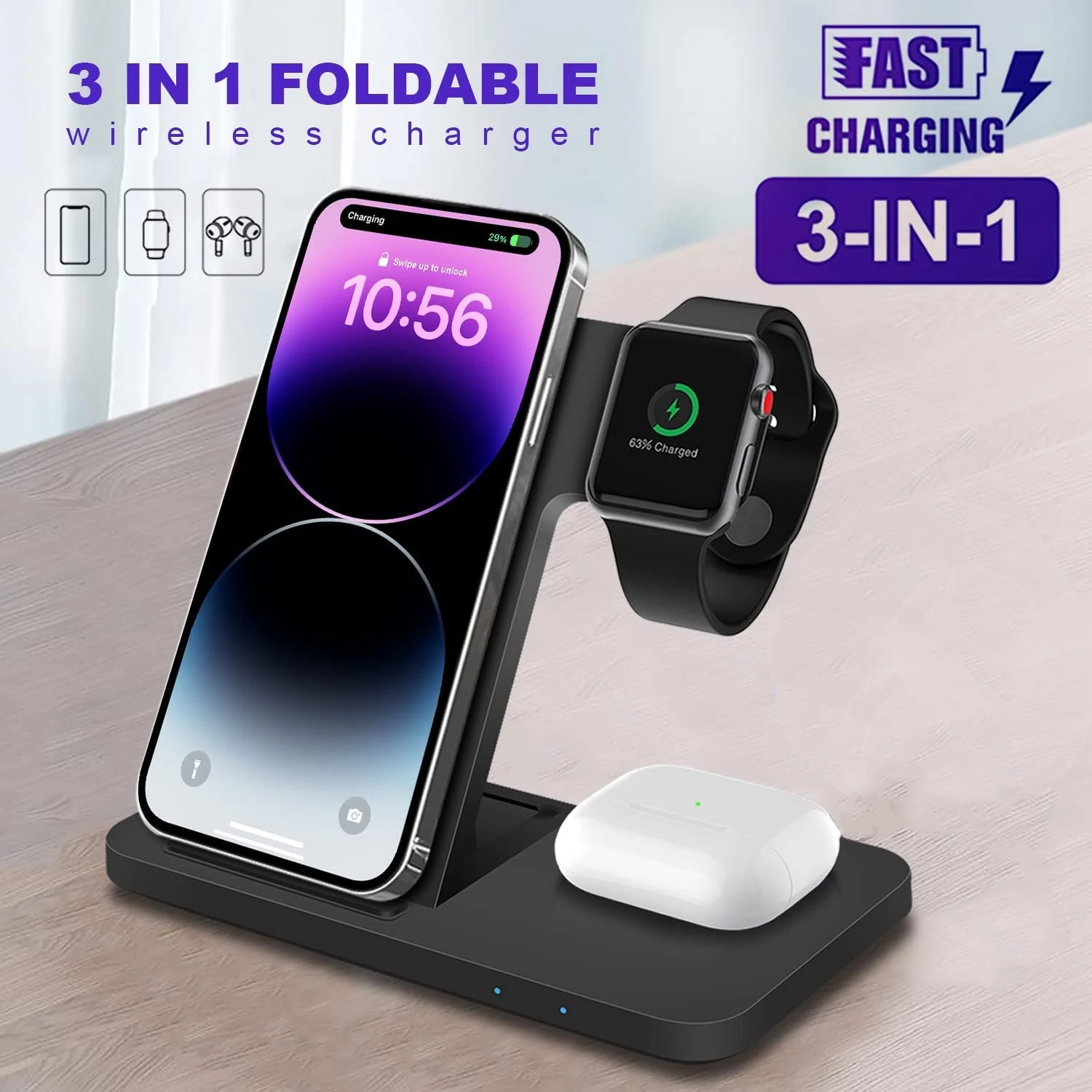 3 in 1 Wireless Charger Stand for iPhone 15 14 13 12 11 XS XR X 8 Fast Charging Dock Station For Apple Watch 9 8 7 6 AirPods Pro